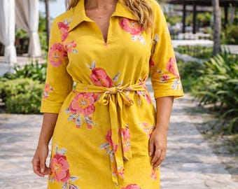 Mustard Yellow Floral Belted Shirt Dress for Women Casual Summer Mini Dress Beach Resort Outfit