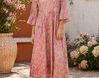 Pink Pure Cotton Paisley Midi Dress Boho Summer Outfit for Women Handmade Ethnic Dress Casual Flare Dress Travel and Vacation Wear