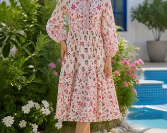 Boho Floral Cotton Midi Dress for Women | Pink Floral Vacation Dress | Cottagecore Puff Sleeve Dress | Flowy Summer Resort Outfit