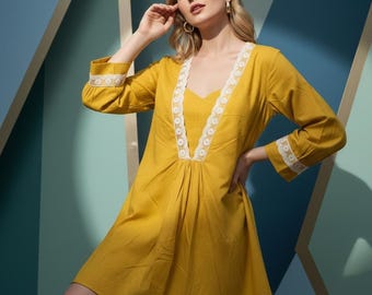 Handcrafted Mustard Yellow Cotton Dress with Lace V-Neckline, Summer Casual Wear, Bohemian Look, Travel Wear