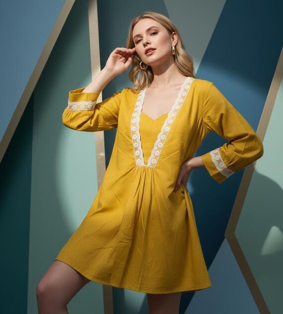 sachin and babi light blue dress Handcrafted Mustard Yellow Cotton Dress With Lace V-neckline, Summer Casual  Wear, Bohemian Look, Travel Wear