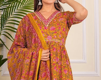 Mustard Pink Floral Cotton 3-Piece Suit Set | Ethnic Kurta, Pants & Dupatta for Women | Wedding, Festive, Casual Indian Outfit