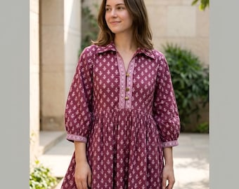 Handblock Print Cotton Midi Dress Maroon Floral Style Calf Length Dress Boho Summer Dress