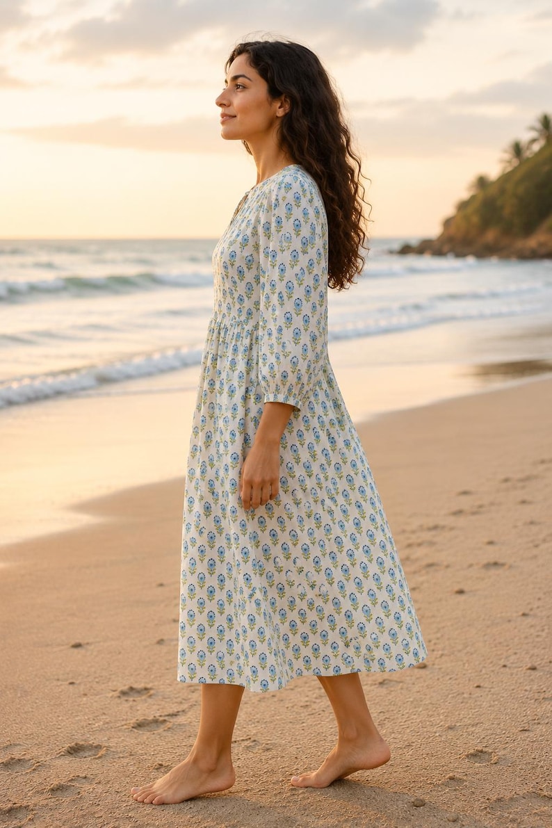 Relaxed fit vintage-inspired floral midi dress, lightweight beachwear outfit