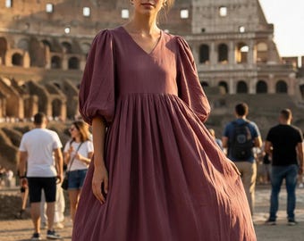 Handmade Boho Cotton Midi Dress, V-Neck Puff Sleeve Cottagecore Dress, Oversized Summer Dress, Burgundy Wine 100% Pure Cotton