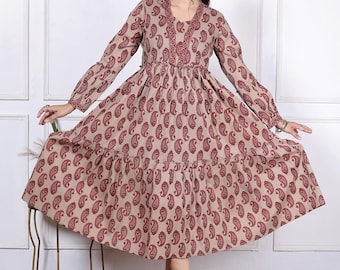 Vestido midi de algodón con estampado paisley en tonos marrón y rojo / Vestido bohemio de manga larga con volantes / Vestido indio hecho a mano para mujer / Regalo estilo cottagecore para ella