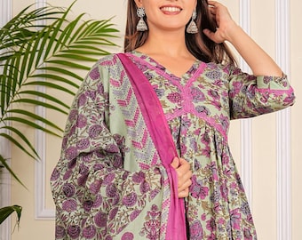 Mint Pink Floral Cotton 3-Piece Suit Set | Ethnic Kurta, Straight Pants And Dupatta | Boho Festival & Wedding Guest Wear for Women