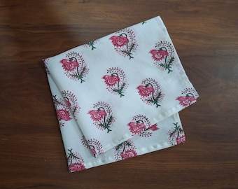 Handmade Cotton Cloth Napkins Set of 5 | Pink Floral Block Print Table Linens | Reusable Eco-Friendly Dinnerware for Weddings, Parties