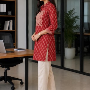 Handmade maroon block print cotton kurta for women featuring floral ethnic motifs, a relaxed boho silhouette, and lightweight breathable fabric ideal for casual, office, and festival wear.