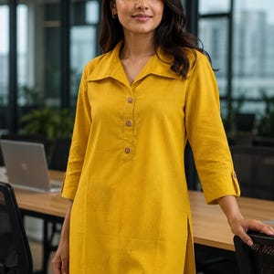 Mustard Yellow Office Wear Tunic Top for Women – Cotton Linen Collared Casual Workwear  Minimalist Loose Fit  Top