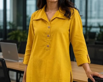 Mustard Yellow Office Wear Tunic Top for Women – Cotton Linen Collared Casual Workwear  Minimalist Loose Fit  Top