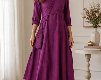 Purple Cotton Wrap Midi Dress with Crossline Side Pocket Bag, Handmade A-Line Dress for Women, Boho Casual Comfortable Pure Cotton Dress