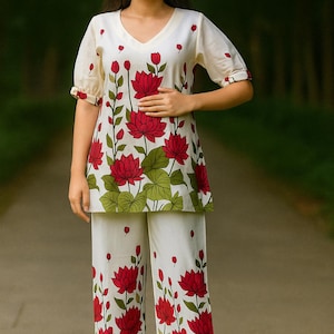 Women’s Cotton Co-ord Set | Handcrafted Floral Print Kurta & Pant | Summer Outfit | Two-Piece Lounge Wear | Ethnic Boho Casual Suit