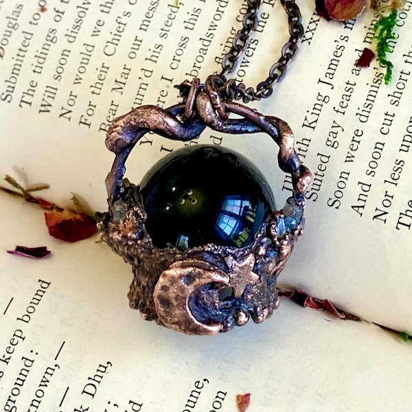 Obsidian Crystal Ball Pendant with Tiny Quartz Crystals