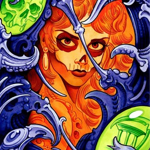 May include: A vibrant illustration featuring a woman with a skull face, orange hair, and red eyes. The artwork is framed by blue and gray organic shapes and includes green orbs with skull and architectural details. The style is reminiscent of Day of the Dead art.