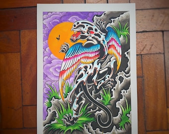Winged Panther Tattoo Flash Art Print – Sci-Fi Horror A3 Painting - Cyborg
