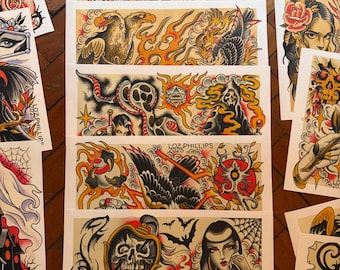 Fantasy Tattoo Flash Art Prints – Grimdark RPG Illustrations - A3 painting set
