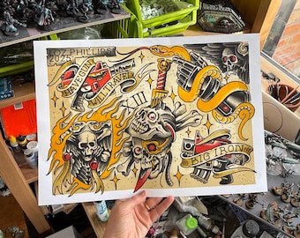 Grimdark Sci-Fi Traditional Tattoo Flash Art Print | Gothic Space Knight Illustration | Tabletop Game