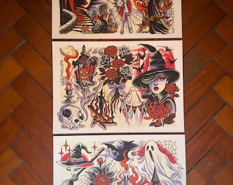 Halloween Traditional Tattoo Flash Art Print Set by Loz Phillips – 3 Sheets -  Witch Ghost Horror Gothic