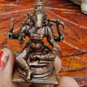 Puede incluir: Una pequeña estatua de color bronce de una deidad con múltiples brazos, sentada sobre una base decorativa. La estatua se sostiene en una mano, con una uña pintada de rojo visible. El fondo incluye una bandeja de madera y macetas decorativas.