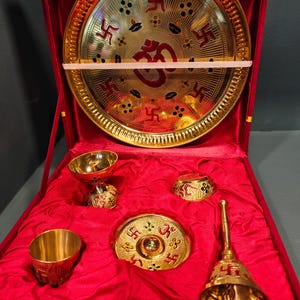 Duty free Brass Swastik Om Minakari Pooja Thali Set | 6-Piece Handmade Gift Set | 10” Vrindavan Pooja Plate | Diwali Wedding Gift