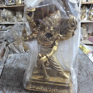 11inch/29cm Brass Narsimha Deity 11 Inch | Handmade ISKCON Narasimha Murti | Pure Brass Idol | Vrindavan Spiritual God for Temple