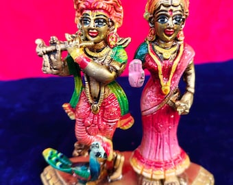 5Inch/12cm Radha Krishna Jugal Jodi Idol | Colorful Brass Finish Radha Krishna Murti | Joint Base Statue handmade Vrindavan Radha Krishna