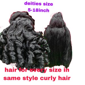 May include: Two bundles of black curly hair extensions. The text in the image reads "deities size 5-18 inch" and "hair for every size in same style curly hair". The hair is tightly curled and appears to be synthetic.