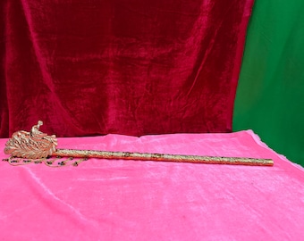 28 Inch Handmade Brass Gold Polished Bansuri | Decorative Krishna Flute From Vrindavan | Big Peacock Design Flute
