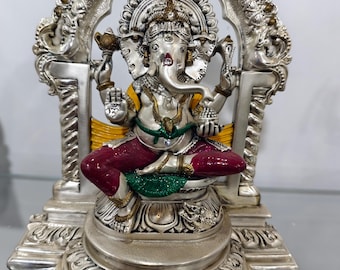 Duty free Ganpati Idol 8 Inch | 92.5% Sterling Silver Ganesha | Swarovski Decor | Vrindavan Handmade Murti, crystal , gold palting , ganesh