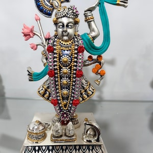 Shrinath Ji Idol 8 Inch | Govardhan Krishna Murti | Handcrafted Vrindavan Deity with Swarovski Embellishment, gold plated silver plating