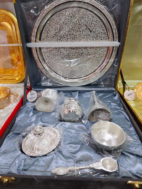 Duty free 10Inch/26cm  Brass Silver Pooja Thali Set | Diwali Gift | Puja Plate with Diya Bell Lota | Handmade in Vrindavan