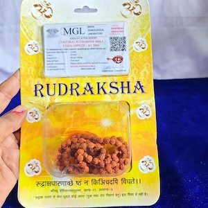 Puede incluir: Un Mala Rudraksha, una cadena de cuentas marrones, se muestra en una funda de plástico transparente sobre una tarjeta amarilla. La tarjeta incluye texto sobre las cuentas, incluido un informe gemológico y la palabra "RUDRAKSHA".