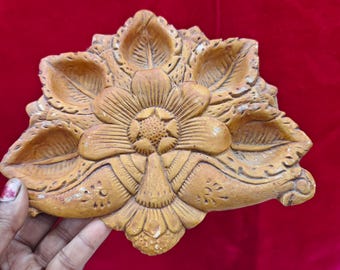 Duty free Handmade Lotus Terracotta Diya | Multi Holder Clay Oil Lamp with Floral Design | Festival Pooja Diya from Vrindavan diwali clay
