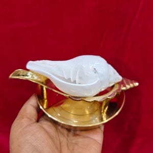 Tullfri naturlig Shankh med mässingsstativ och platta | Vit snäckskal för Pooja | Helig hinduisk ritual Shankh | Vrindavan tempel Pooja-artikel