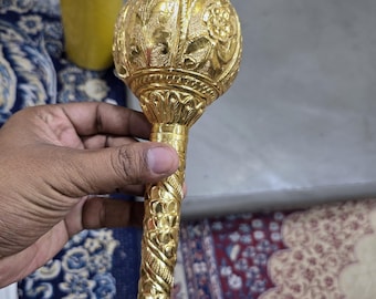 Brass gold polished Gada for Hanuman Ji | 12 Inch Heavy Mace | Temple Decoration | Bajrangbali Gada | Hindu Pooja Item | Vrindavan Export