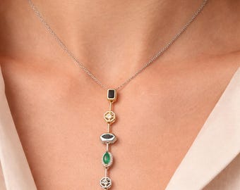 Dainty Multi Gemstone Lariat Necklace | Silver Drop Necklace | Colorful Stone Pendant | Minimalist Elegant Jewelry