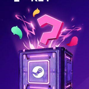 May include: A digital illustration featuring a purple and black box with a Steam logo, a large pink question mark, and the words "1 RANDOM KEY." The background is a gradient of purple hues, with colorful shapes and light effects.