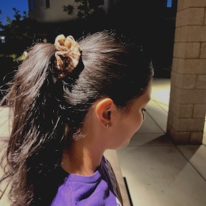 May include: A person with dark hair in a ponytail, secured with a brown and tan plaid scrunchie. The person is wearing a purple t-shirt. The background features a house and a brick wall, with the scene lit by outdoor lighting.