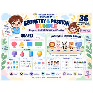 May include: A digital mathematics activity bundle for primary students titled Geometry & Position Bundle. It features 36 printable pages covering 2D and 3D shapes, ordinal numbers, and sequencing, illustrated with cartoon characters and colorful icons.