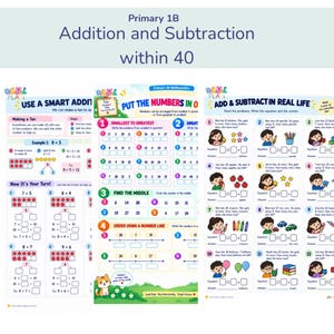 Può includere: Un set di tre schede didattiche di matematica intitolate Primary 1B Addition and Subtraction within 40. Le pagine presentano illustrazioni colorate, linee dei numeri, cornici da dieci e problemi di aritmetica di base.