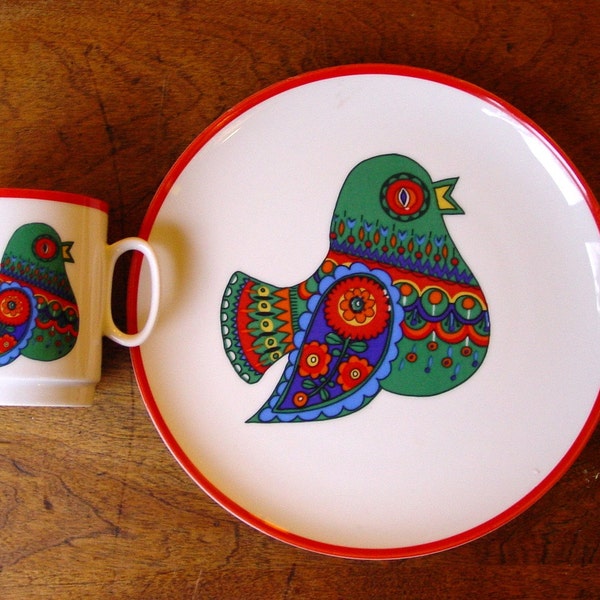 Childrens Porcelain Plate and Cup with Mid Century Paisley Bird by Kaiser West Germany Mu