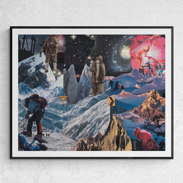 Space and Stars Art Print - Strange Collage Art - Mountain Climbing - Snowy Landscape - "Summit Fever"