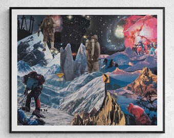 Space and Stars Art Print - Strange Collage Art - Mountain Climbing - Snowy Landscape - "Summit Fever"