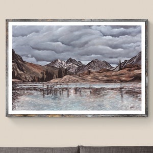 アルパイン湖の絵画、山のアートプリント、太平洋岸北西部の風景、美術複製版画、山の風景、湖の反射アート