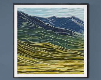 Rolling Foothills Painting, Soothing Landscape Art, Fine Art Print of Original Painting, New Zealand Landscape Print, Mountain Artwork