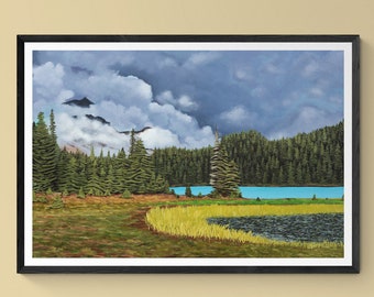 Pintura del lago de la montaña, impresión de reproducción de archivo de la pintura original, impresión del paisaje de Washington, arte del noroeste del Pacífico, impresión del lago azul