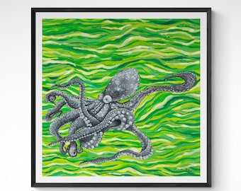 Octopus Painting, Original Artwork, Octopus Art Print, Archival Reproduction Print, Kraken Decor, Strange Animal Art, Surreal Ocean Art