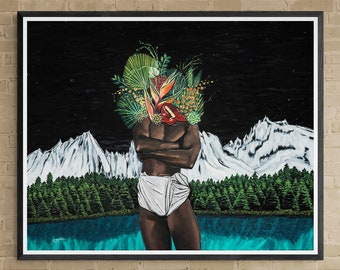 Nudo Nero Maschio Figura Pittura, Surreale Paesaggio Stampa, Stampa d'Archivio, Arte Erotica, Uomo Africano, Nudo Maschio in Natura, Mountain Lake Art