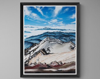 Peut inclure: Peinture encadrée d'un paysage de montagnes sous un ciel bleu vif avec des nuages blancs et duveteux. L'œuvre présente un sommet enneigé et une vallée aux nuances de bleu et de brun. La peinture est encadrée d'un cadre noir.